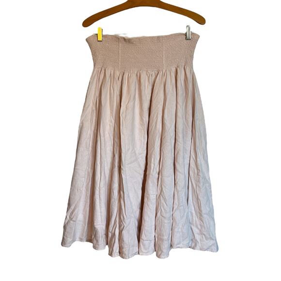 Vintage Soft Surroundings Powder Pink Linen Smocked Waist Midi Skirt Broomskirt - Picture 2 of 5